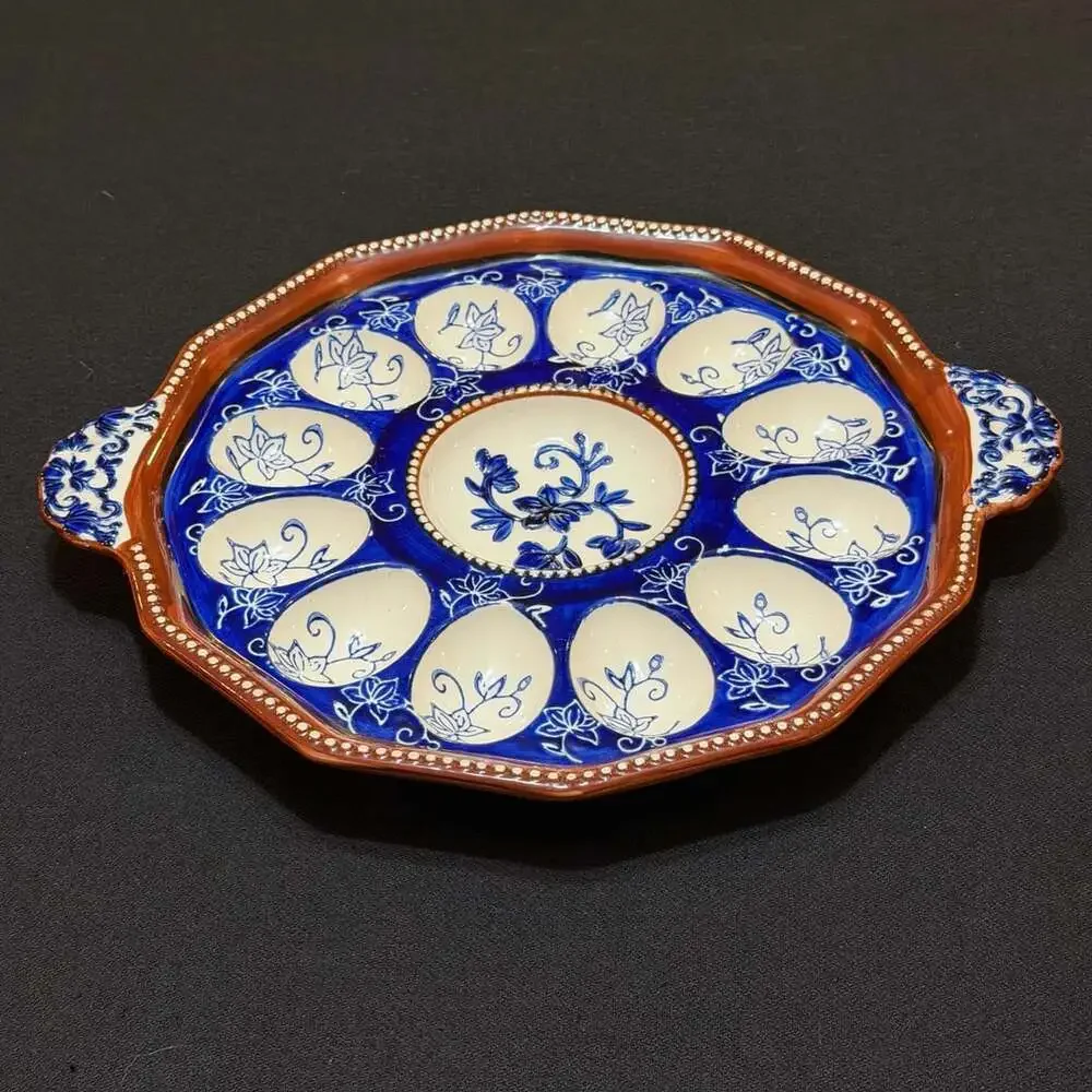 Majolica Ceramic Hand Painted Floral Lace 12 Egg Tray Platter 12”